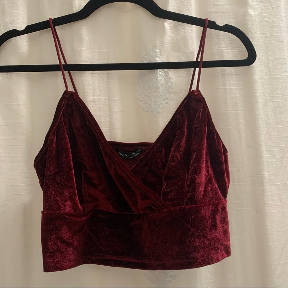 Dark Red Velvet Cropped Cami Bralette with Faux Wrap Effect NWOT